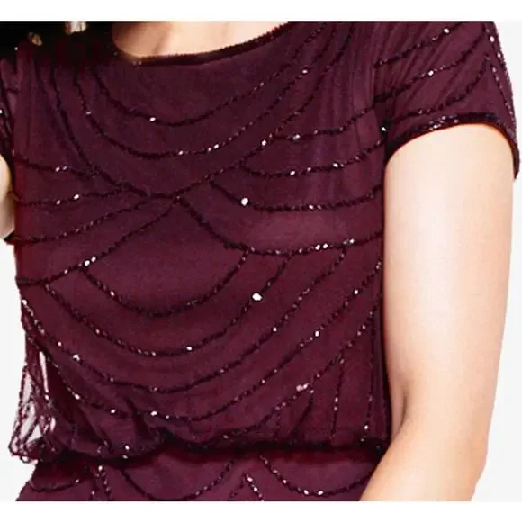 Adrianna Papell Beaded Sheer Overlay Evening Gown Cassis Wine Burgundy Women’s 6 - Picture 5 of 16